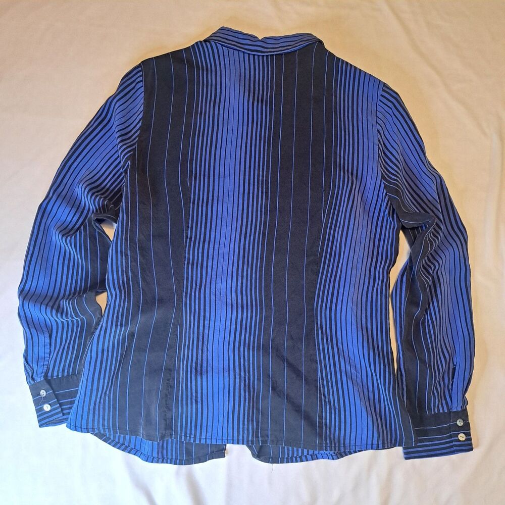 Casual Corner Vtg Women's 100% Silk Blue Black Striped Button-Down Shirt Size 14 - Picture 10 of 10